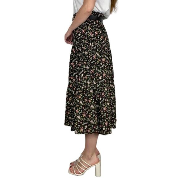 SO Large New with Tags High Rise Black & Pink Floating Floral Print Midi Skirt - Picture 3 of 10